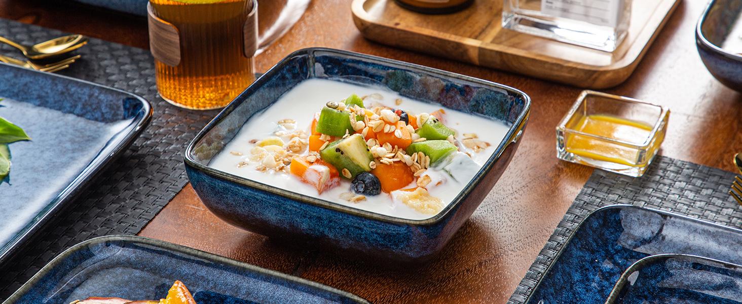vancasso Stern Blue/Green Dinner Set Square Reactive Glaze Tableware 12/16 Pieces Kitchen Dinnerware Stoneware Crockery Set with Dinner Plate, Dessert Plate, Bowl Service for 4 People Ceramics