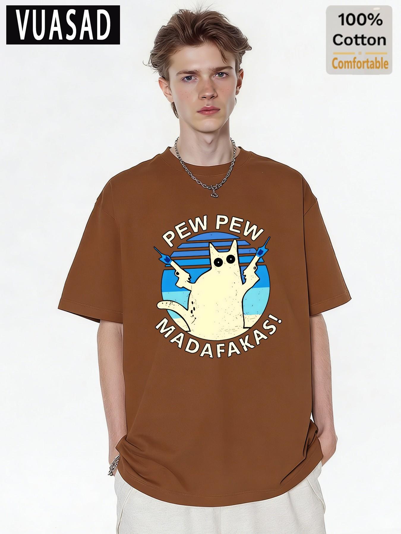 Vuasad Men's 100% Cotton Short Sleeve T-Shirt, Cute Cat Dog Print, Loose Fit, Casual Style, Long Sleeve, Trendy Fashion