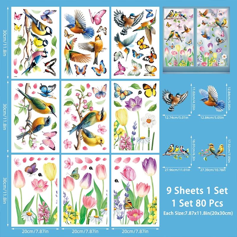 Spring Pigeon Window Stickers Set, 9 Sheets / 80 Pieces, Cute Bird Decorations for Windows, Festive Home Decoration Accessories