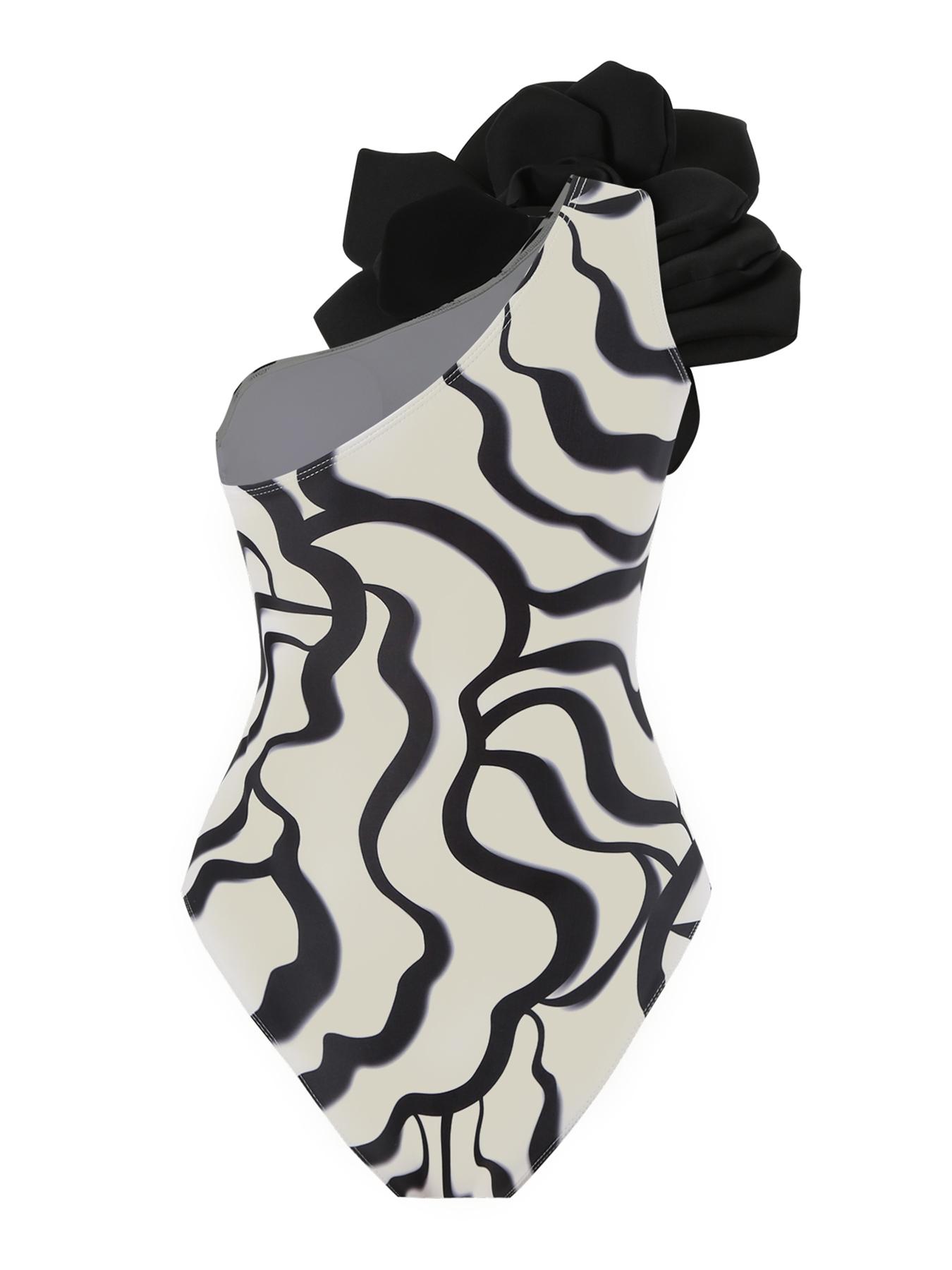 Women's Flower Decor One Shoulder One Piece Swimsuit & Skirt Set, Appliques Striped Print One Piece Swimsuit & Flared Skirt, Two Piece Outfits for Summer Beach Holiday Vacation, Swimsuit Cover Ups