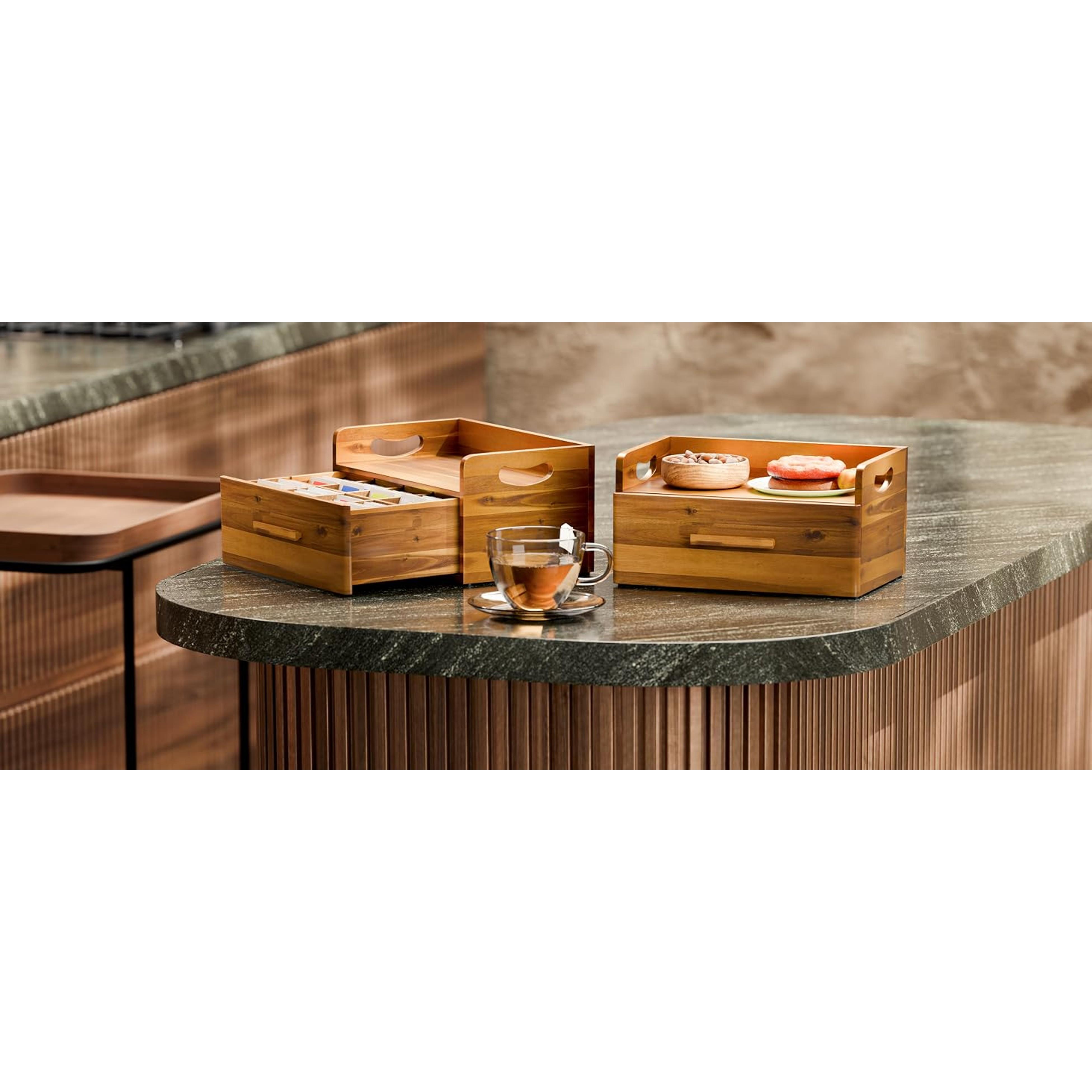 Acacia Wooden Tea Box Organizer with Drawer – Tea Chest for Tea Bags Storage – Tea and Coffee Organizer - Wooden Tea Tray and Containers for Countertop Display (Acacia)