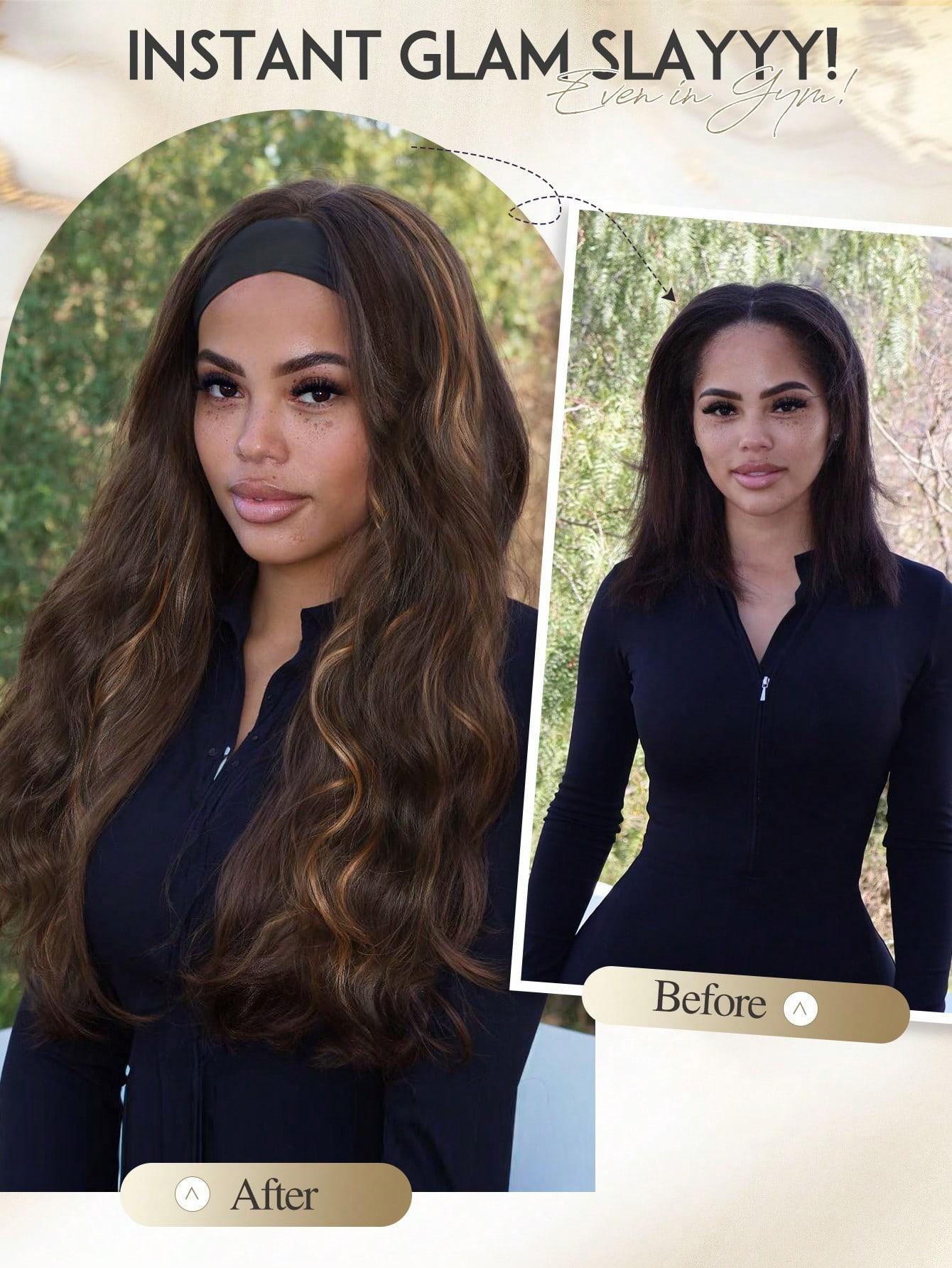 Long Wavy Headband Wig for Women, Blonde Highlight, 200% Density, Glueless, Synthetic Fiber Wigs, Party Daily Use, All Seasons