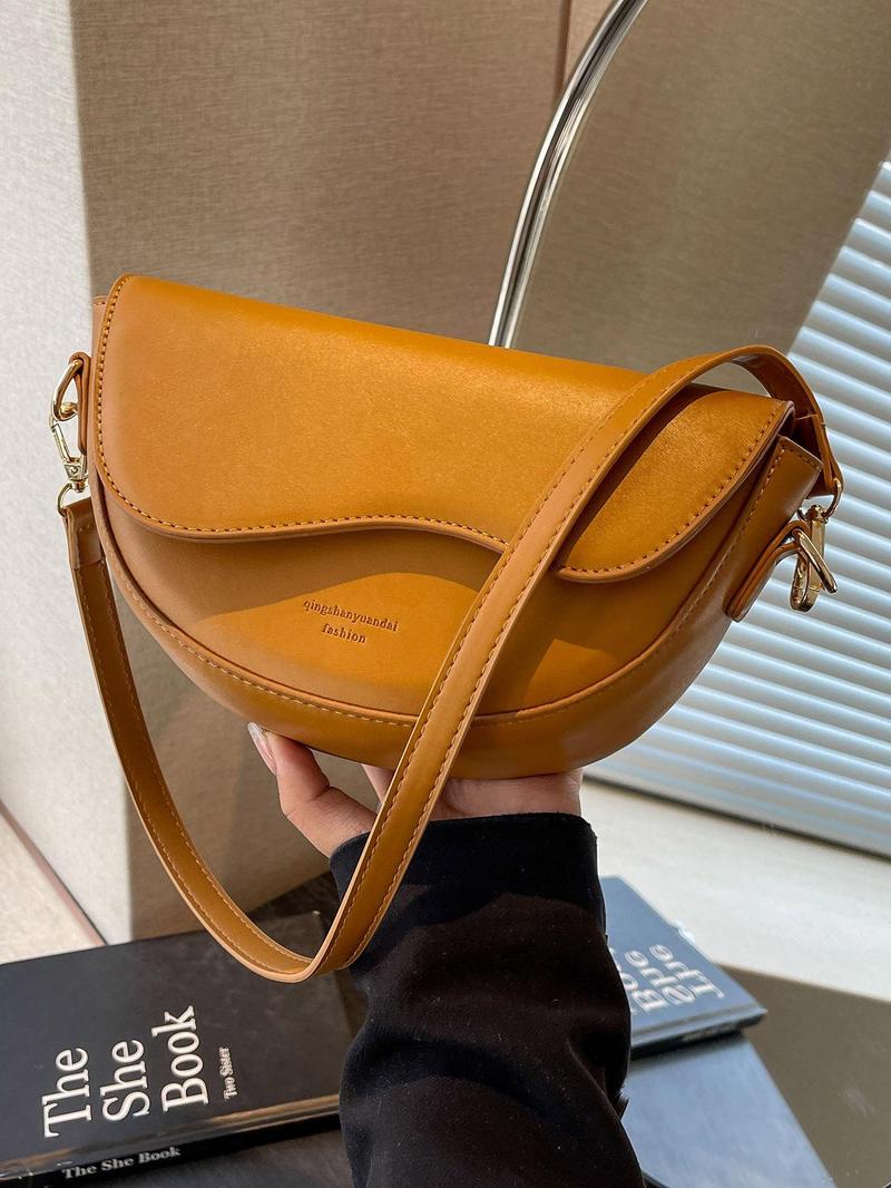 Women's Retro Solid Color Saddle Bag, Wide Shoulder Strap Messenger Bag, Fashionable Classic Popular Shoulder Bag, Suitable for Daily Outing