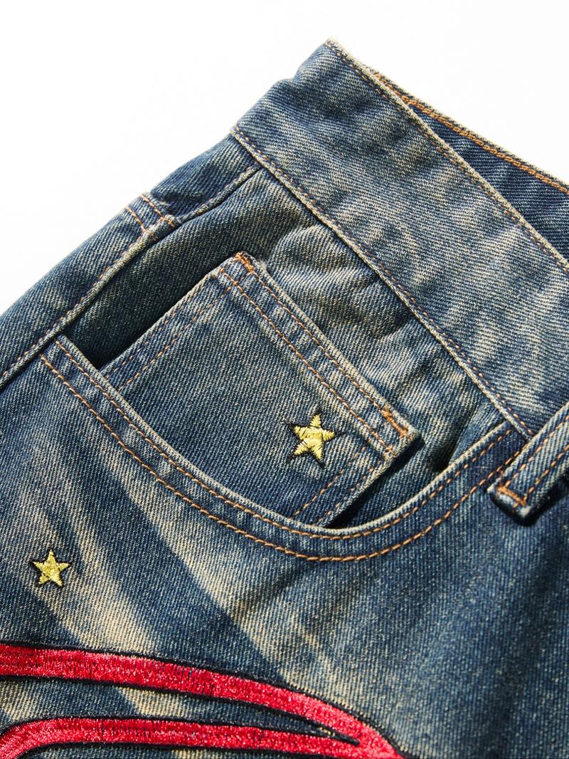 Men's American Vintage Washed Embroidered Jeans, Loose Straight Leg Pants, Trendy Embroidery Craft, Casual Versatile Gift Recommendation