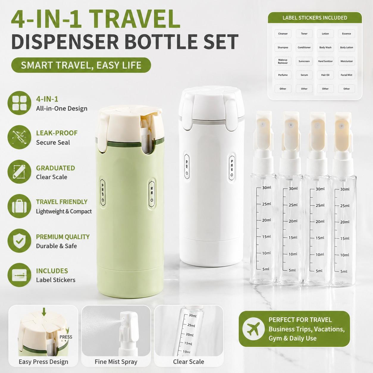 Contains 4 inner bottles, composite dispensing bottle, with label, travel bottle, travel dispensing bottle, toiletries container, buckle-type refillable lotion dispenser, toiletries container, travel, business trip, squeeze bottle, lotion bottle