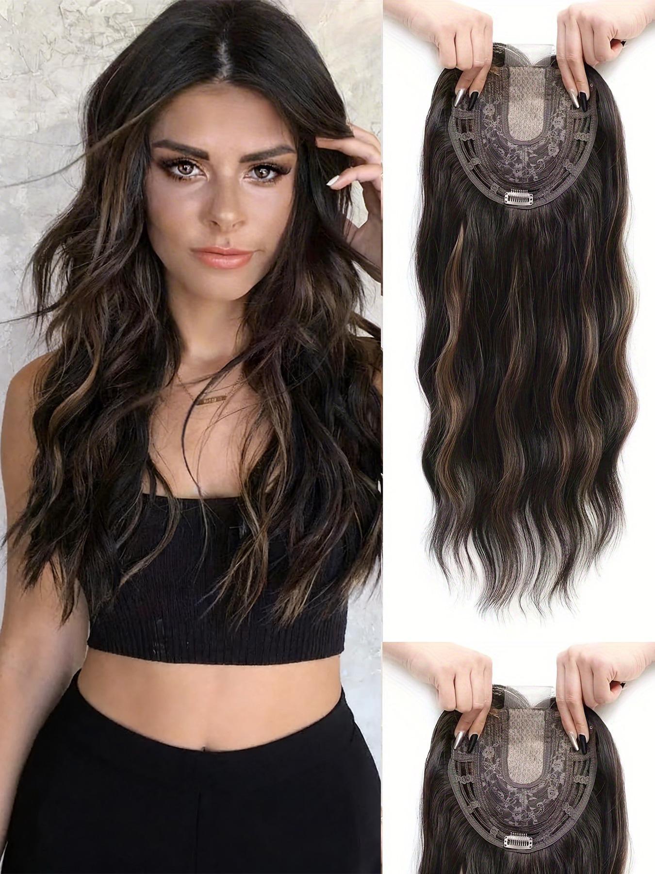🔥 No More Bad Hair Days! 22" Dark Brown Wavy Clip-In Hair Topper, Invisible Lace Base, Premium Synthetic Hair, Seamless Blend for Thinning Hair & Instant Glam!