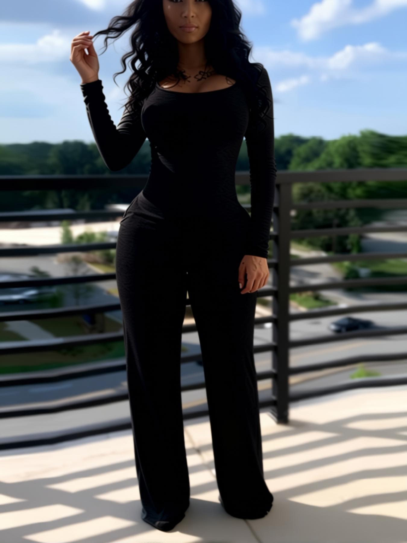 Women's Sexy Fitted Plain Long Sleeve Jumpsuit, Fall & Winter Fashion, Low Neck Pocket Design, European Style, Casual Wear