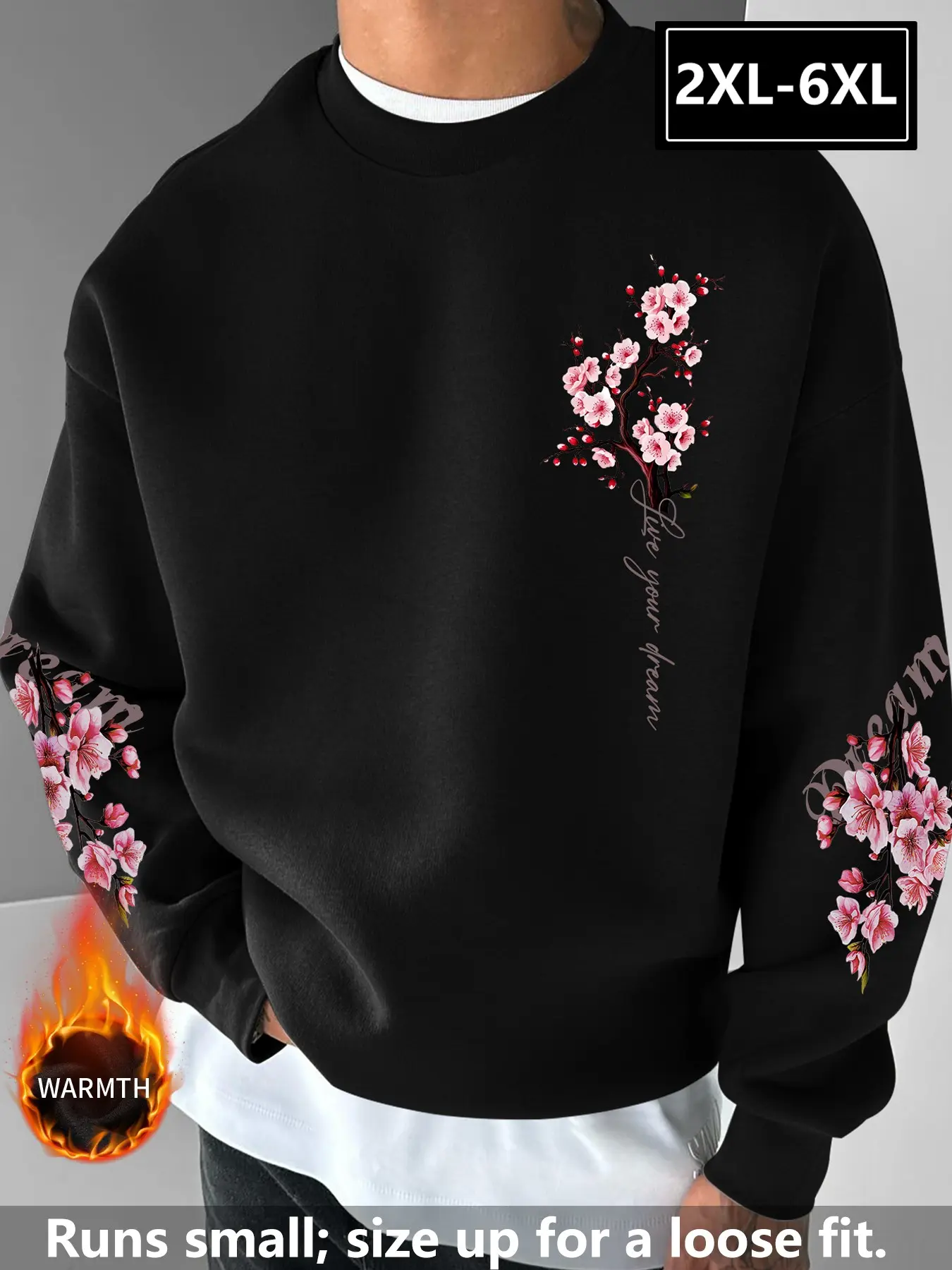 Men's Plus Size Floral Print Fleece Lined Sweatshirt, Warm Soft Fuzzy Inner, Loose Fit Slimming, Versatile Casual Streetwear, Sizes 2xl-6xl