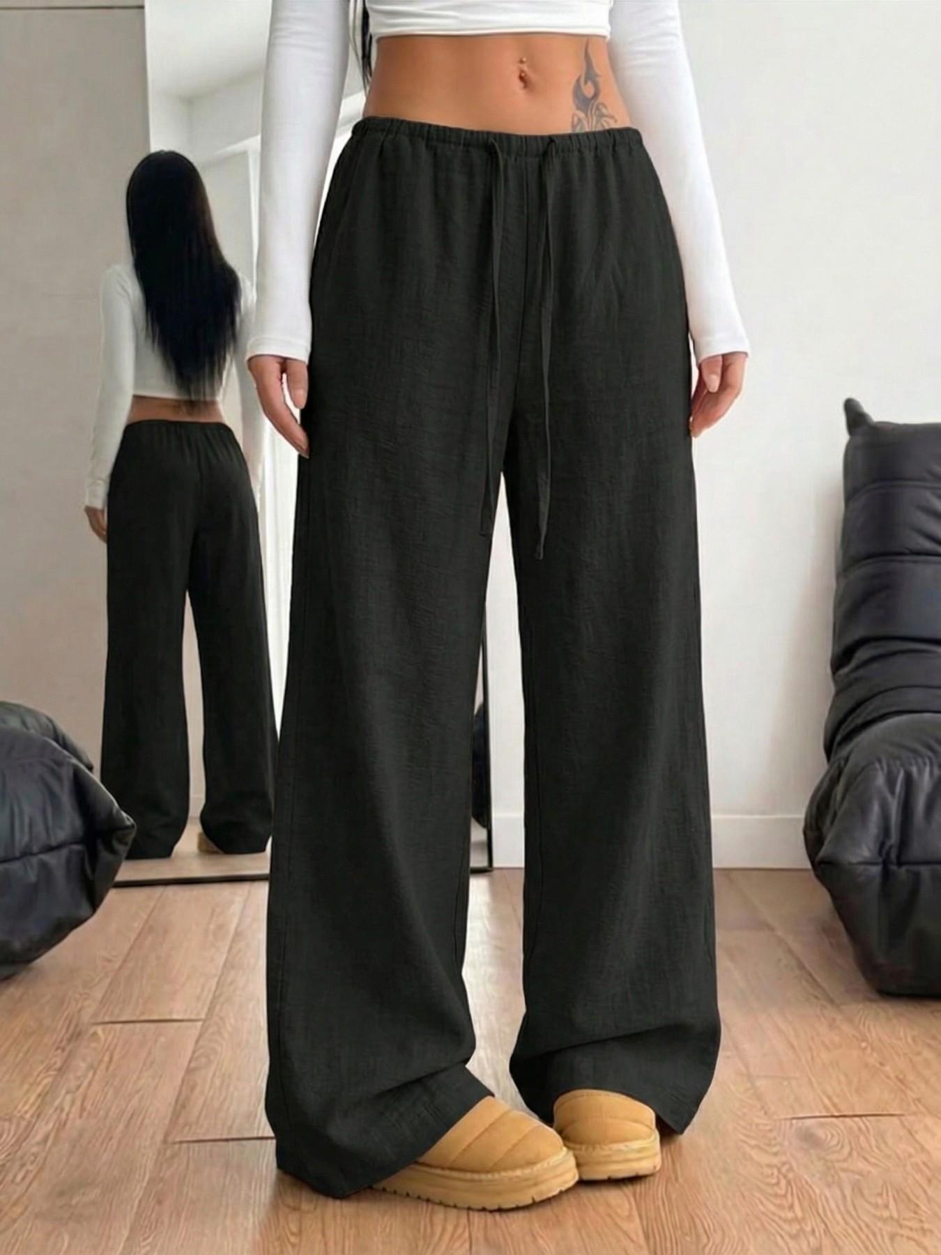 Women's Casual Loose Black Linen Wide Leg Pants Elastic Waist Drawstring Baggy Trousers Streetwear Yoga Lounge Wear