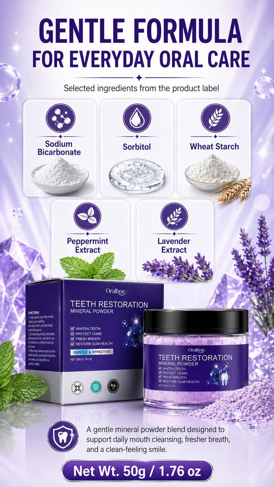 Purple Mineral Tooth Powder, Fresh Mint Daily Teeth Cleaning Powder, Gentle Oral Care for Brighter-Looking Smile, Fresh Breath & Surface Stain Care, 1.76 oz