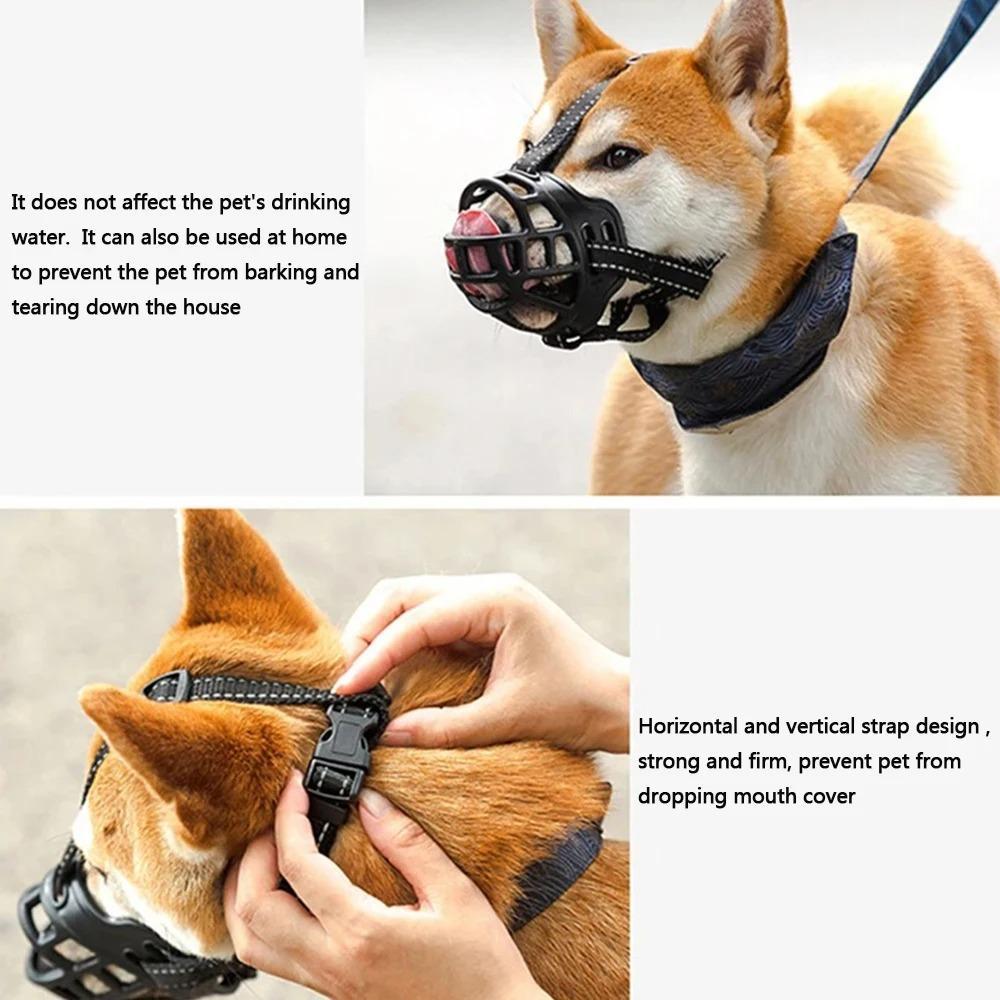 Reflective Silicone Dog Muzzle - Hollow-Out Design, Breathable Basket, Adjustable Size Buckle, Anti-Bite Anti-Chewing Outdoor Accessory for Medium & Large Dogs, Size M