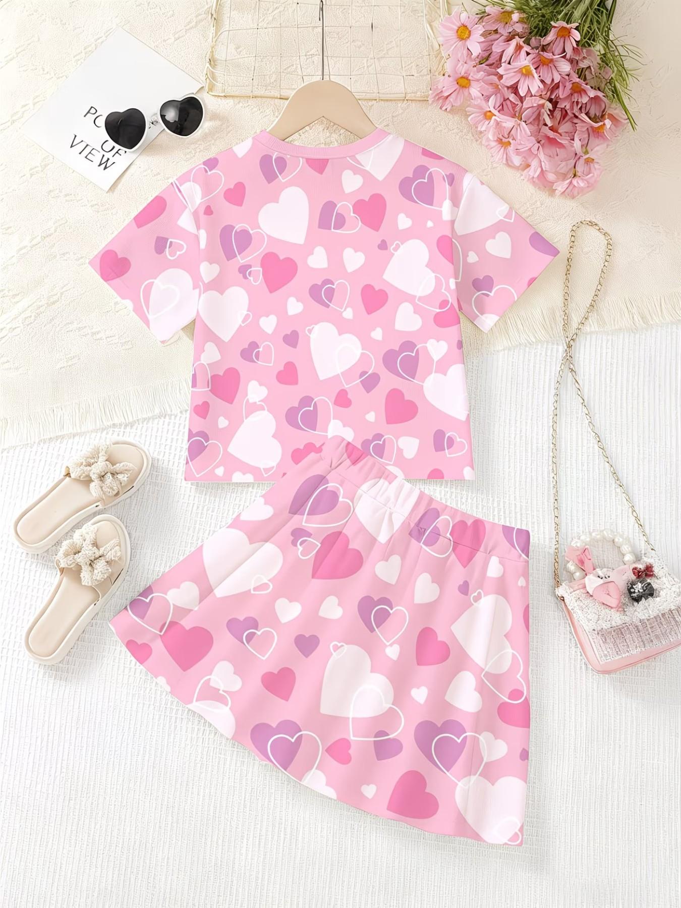 Girls' 3D Cartoon Print Skateboard Pattern Set, Casual Slim-Fitting T-Shirt and Skirt, Summer Daily Wear, Round Neck Short Sleeve