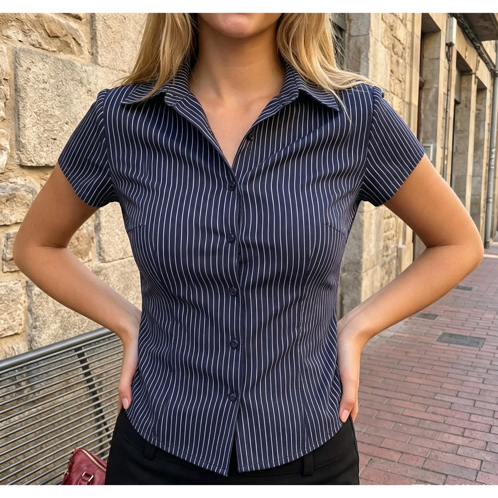 Women Striped Short Sleeve Button Down Shirt Collared V‑Neck FittedFit Work Office Blouse Casual Business Formal Tops