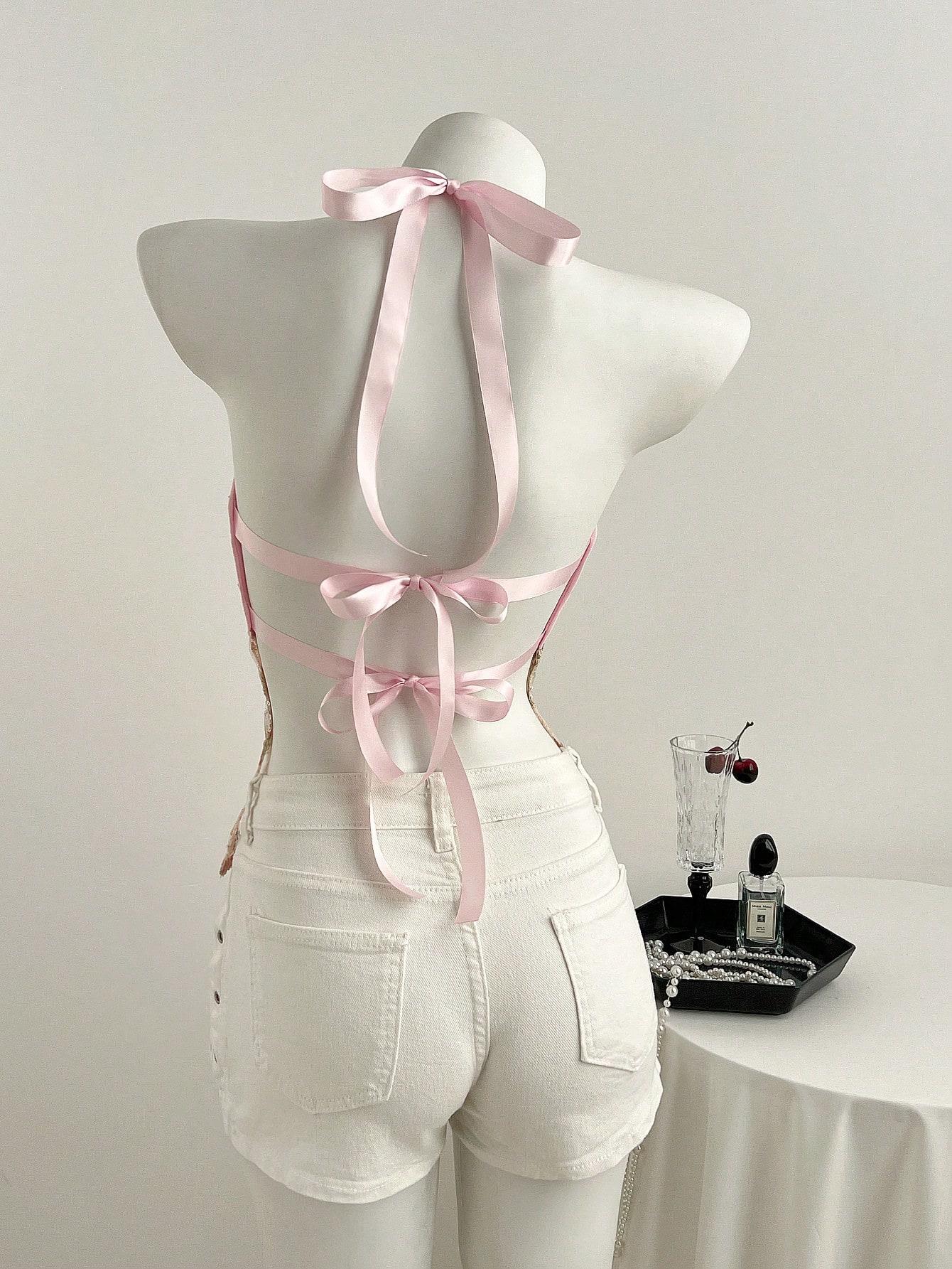 Women's Summer Lace Sequins Patchwork V-Neck Backless Halter Tie Hollow Out Slim Fit Top, Cute Sweet Style Sleeveless Tank Vest