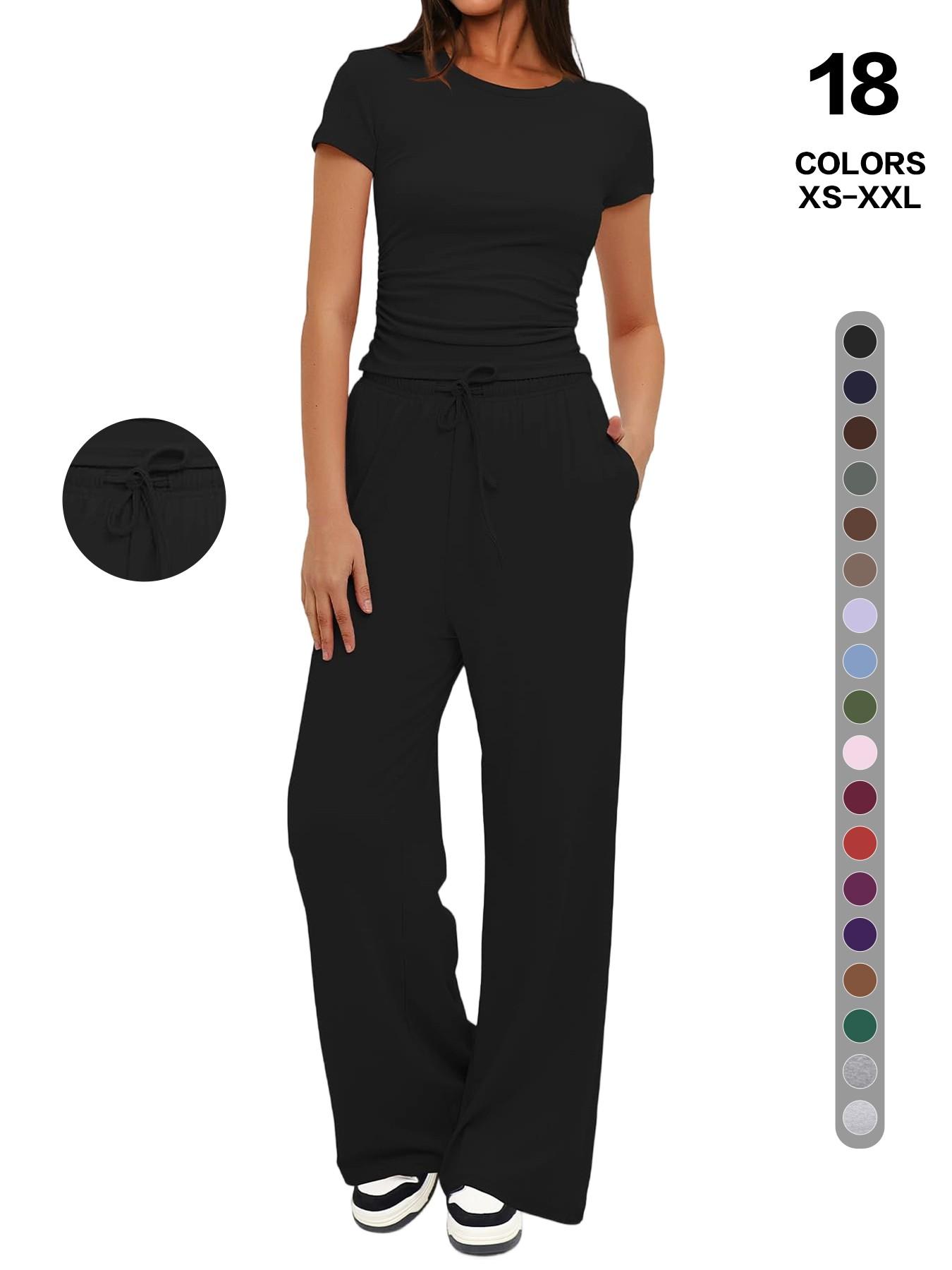 2026 Women's Solid Round Neck Short Tee and Pants, 2- or 6-Piece Set, Casual Comfy Elastic Pajama Set for Women, Cozy Loungewear for Daily Home Wear