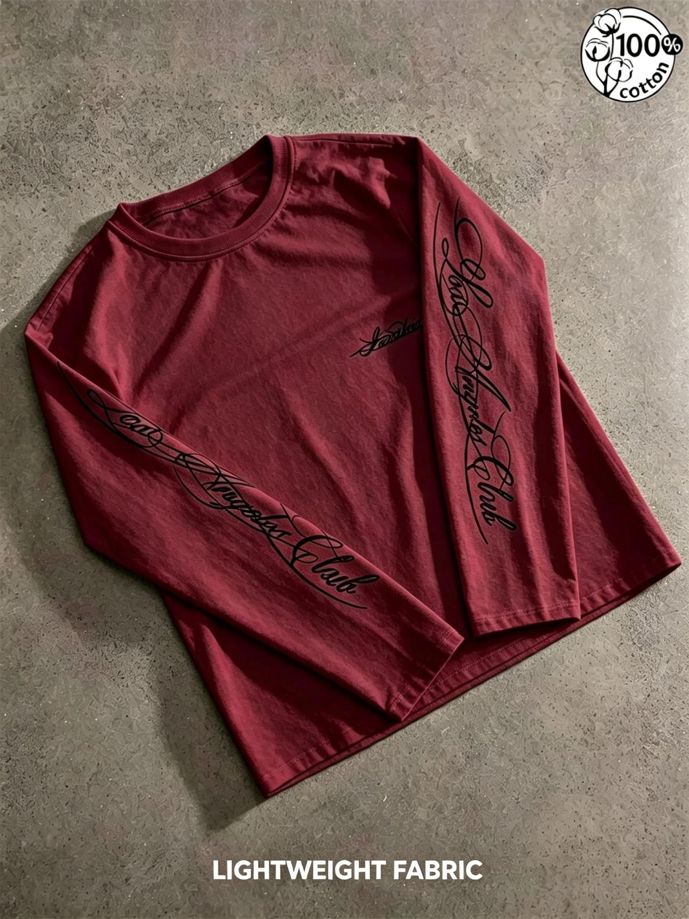 Unisex 100% Cotton Multi-Color Vertical Sleeve Script Lettering Long Sleeve Tee Mini Chest Logo Chicano American Streetwear Oversized Casual Top