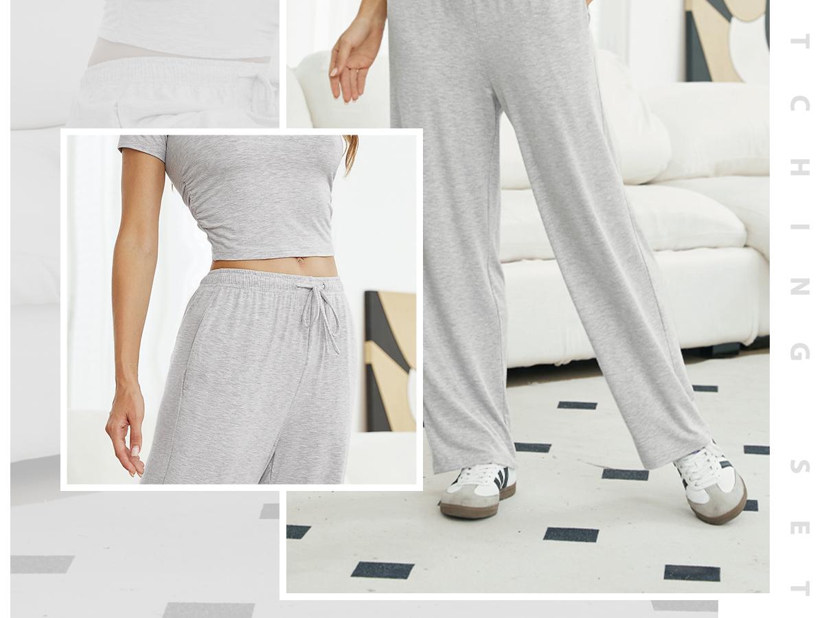 FireSwan Women's Solid Short Sleeve Two Piece Set, Drawstring Wide Leg Sweatpants Ruched Crop Top Matching Set Casual Outfits Pajamas，Ladies Fall Matching Sets Going Out