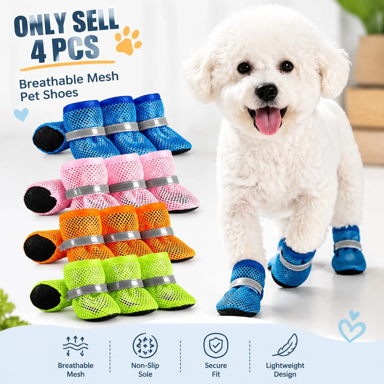 4PCS Breathable Pet Shoes, Mesh Puppy Boots With Non-Slip Sole And Reflective Straps, Lightweight Paw Protectors, Easy-Clean Dog Boots & Paw Protectors for Summer, For Dogs Outdoor Walking