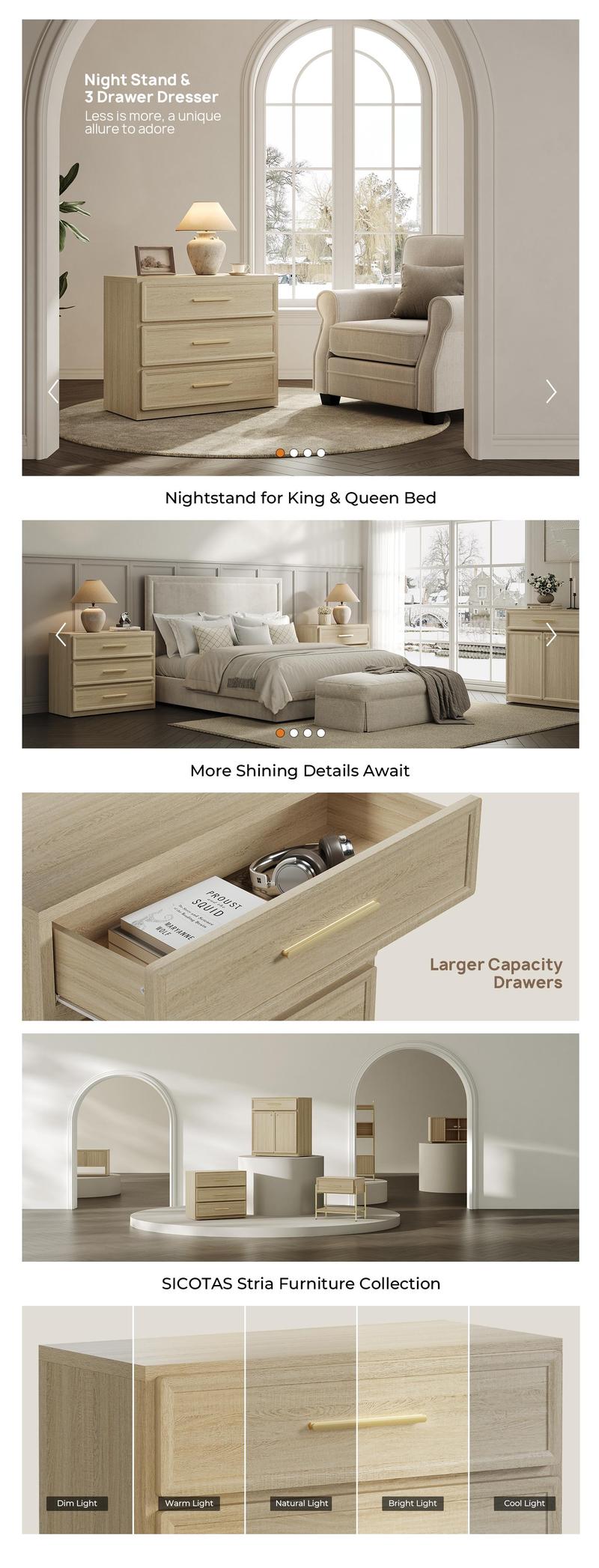 SICOTAS Night Stand Oversized Extra Large Nightstand Tall Bedside Side Table with 3 Drawers