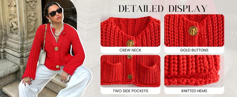 SCUSTY Women's Cropped Cardigan Sweater  Long Sleeves Button Down Chunky Knitted Coat Knitwear