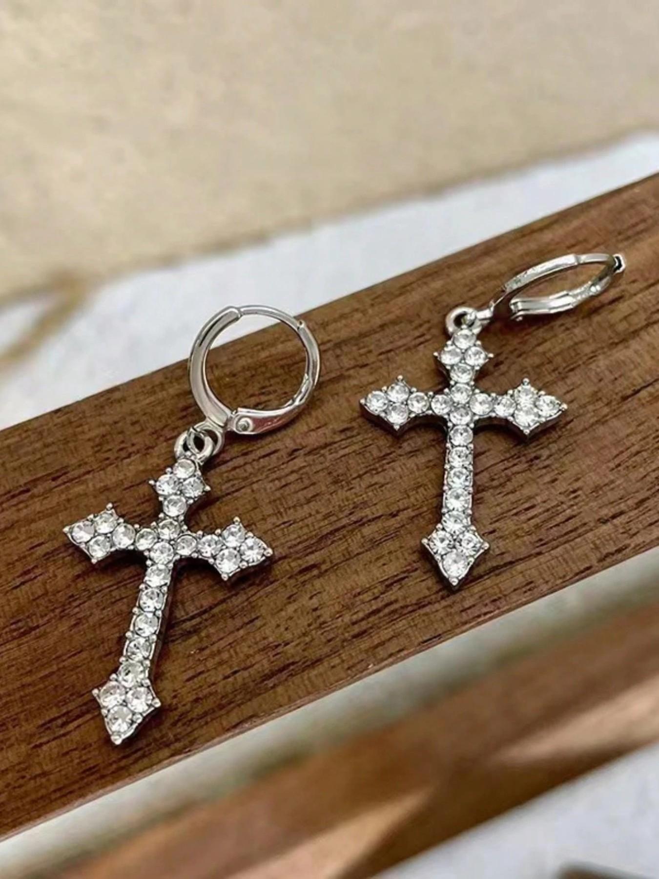 Elegant Rhinestone Cross Pendant Earrings, Unique Women's Party Jewelry, Perfect for Evening Events, Stylish and Eye-Catching Design