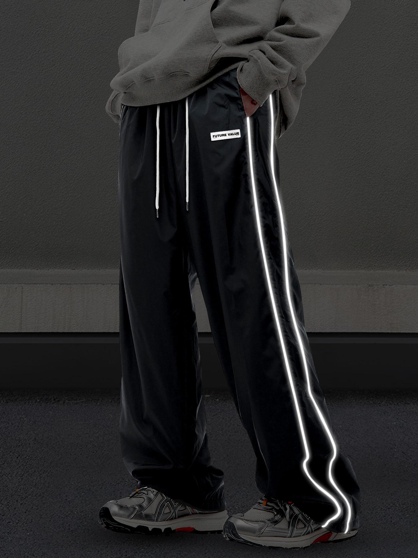 Men's Side Stripe Drawstring Waist Straight Leg Pants, Casual Pocket Letter Patched Trousers for Fall & Winter, Loose Menswear, Drippy Outfits