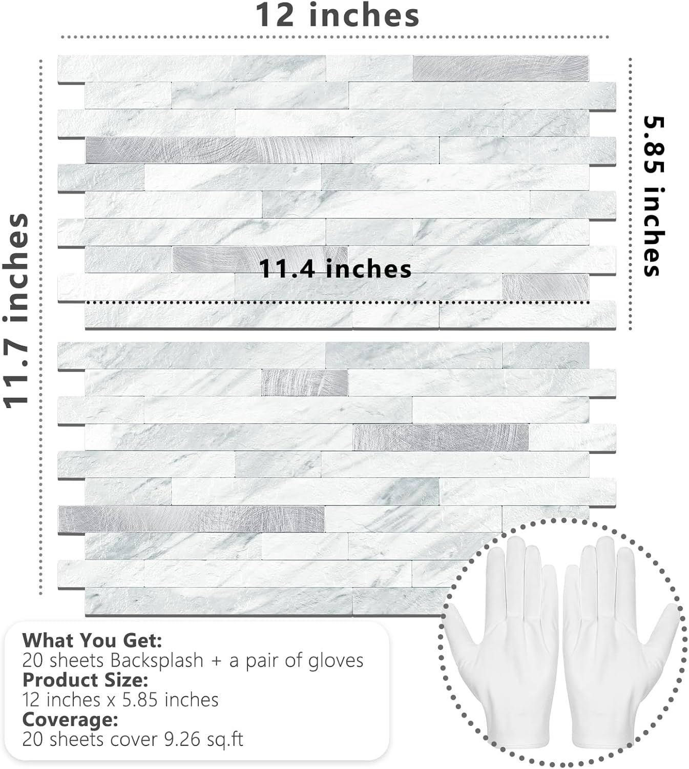 STICKGOO 20 Sheets Peel and Stick Backsplash Tile, Tile Stickers, Stick on Backsplash for Kitchen and Bathroom, Volakas White Look PVC Mixed Metal Silver Self Adhesive Wall Tiles