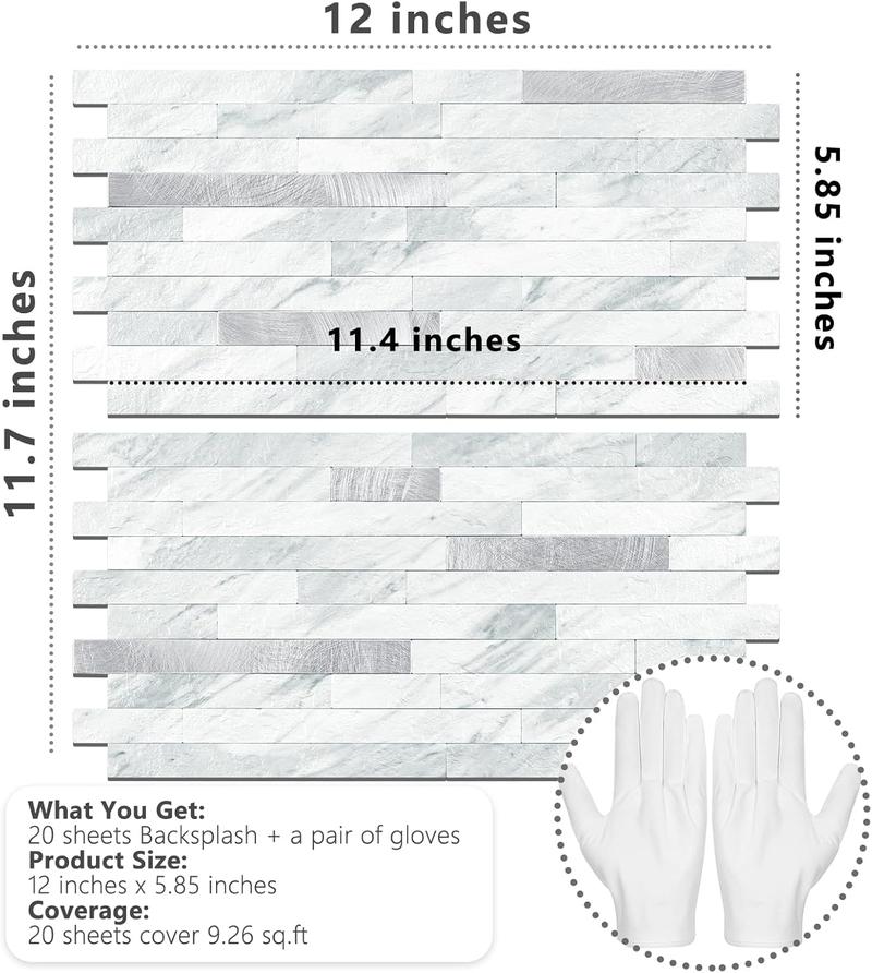 STICKGOO 20 Sheets Peel and Stick Backsplash Tile, Tile Stickers, Stick on Backsplash for Kitchen and Bathroom, Volakas White Look PVC Mixed Metal Silver Self Adhesive Wall Tiles