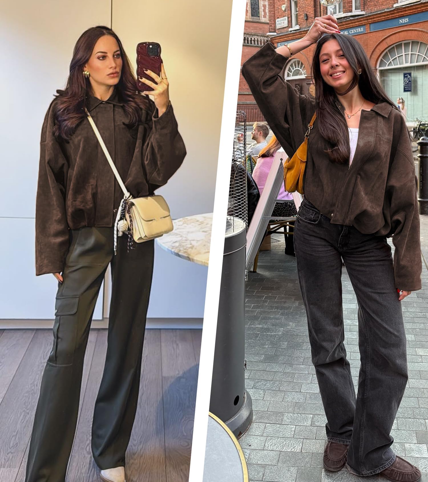 Buenoble Women's Faux Suede Bomber Jackets Cropped Fall Winter Lapel Motorcycle Coats Streetwear Outerwear with Pockets Tops Womenswear Basic Brown Casual Long Sleeve