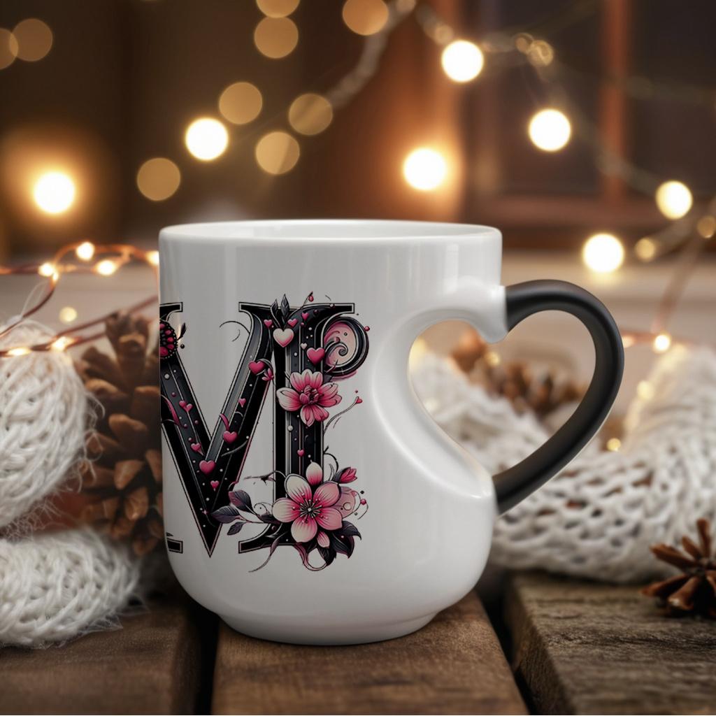 Heat-changing ceramic mug with pink butterfly and floral motif, heart-shaped handle, 11 oz/330 ml capacity. This color-changing thermos is perfect for hot and cold beverages.
