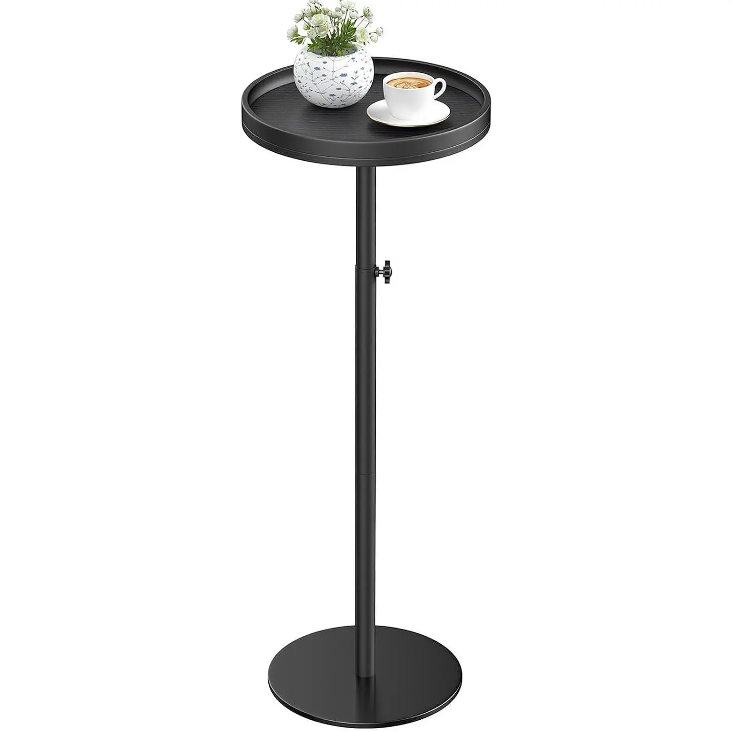 Height Adjustable Drink Table, Small Round Side Table, Weighted Martini Pedestal Tables for Small Spaces, Living Room, Bedroom, Sofa Couch, Office, Black
