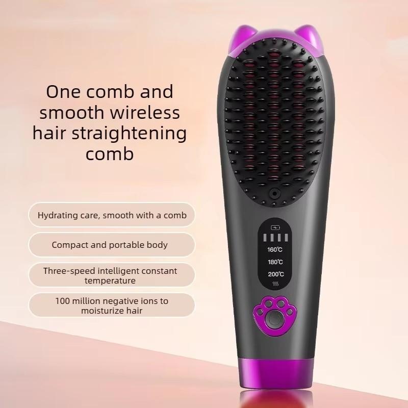 Cordless Negative Ion Hair Straightener Brush, Portable Lightweight 3 Temp Heat Straightening Comb, USB Rechargeable Cute Cat Hot Comb for Frizz-Free Styling
