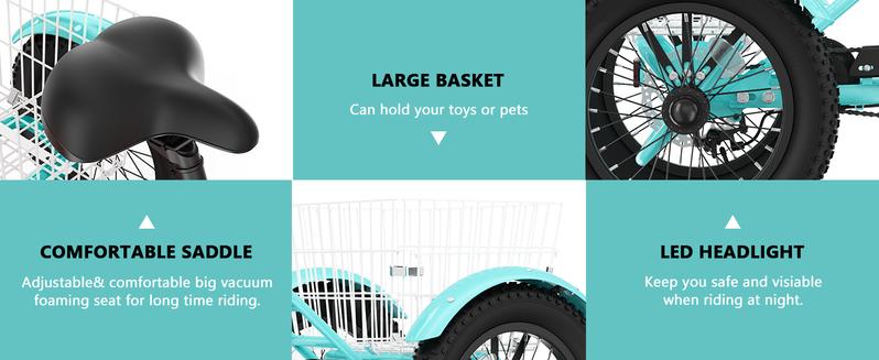 MOONCOOL Electric Tricycle for Youth, 35 Miles 16IN 3.0 Fat Tire Electric Trike, 3 Wheels Electric Bicycle Bikes, 250W Aluminum Frame Electric Tricycle Etrike with Removable Battery and Basket