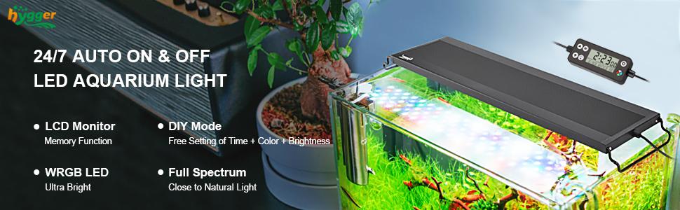 hygger Auto On Off LED Aquarium Light, Full Spectrum Fish Tank Light with LCD Monitor, 24/7 Lighting Cycle, 7 Colors, Adjustable Timer, IP68 Waterproof, 3 Modes for Freshwater Planted Tank