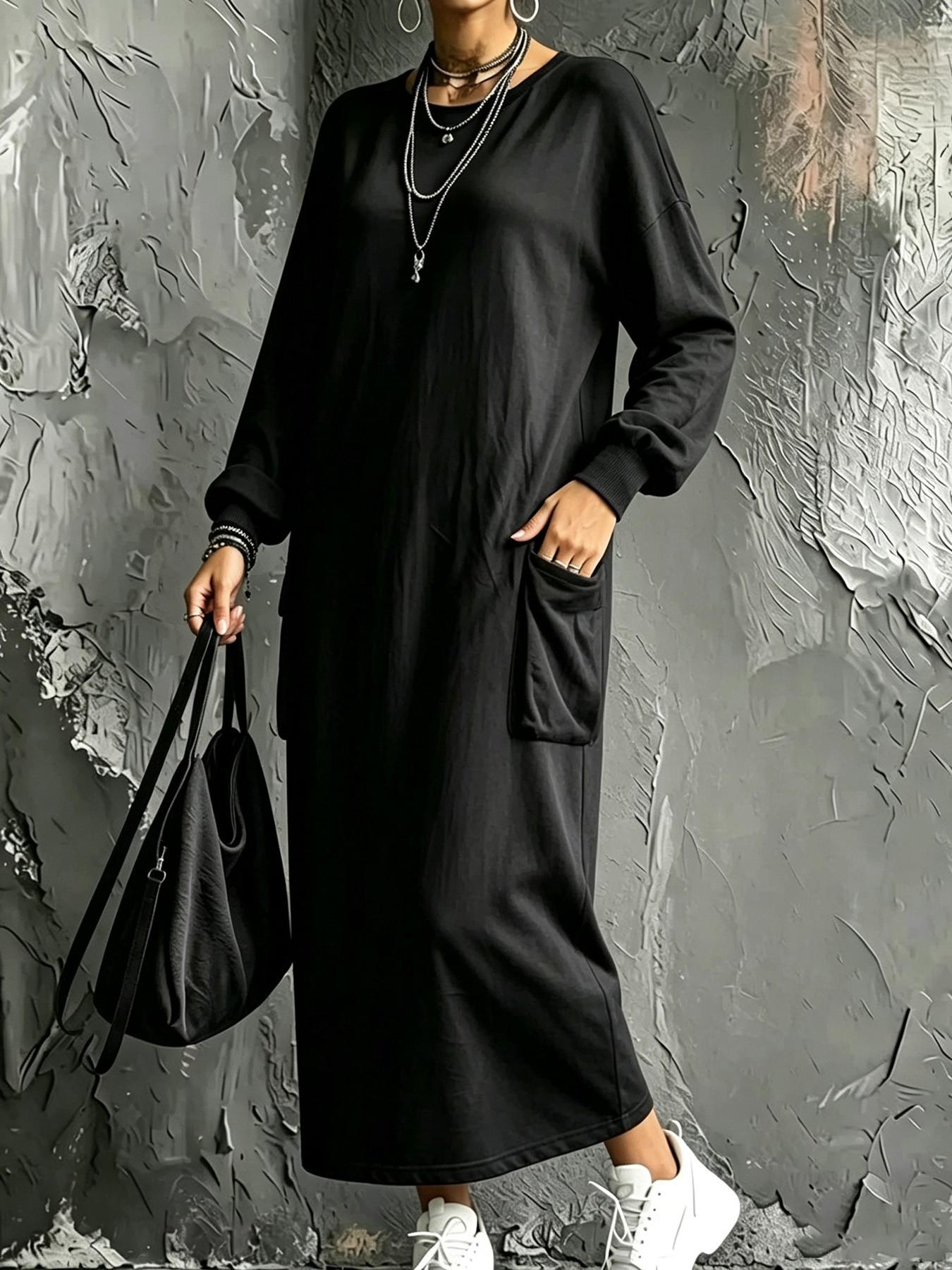 Plus Size Women's Casual Workwear Pocket Sweatshirt Dress, Long Sleeve Hiding Belly Lazy Girl Dress, Daily Home Outdoor Wear Basic