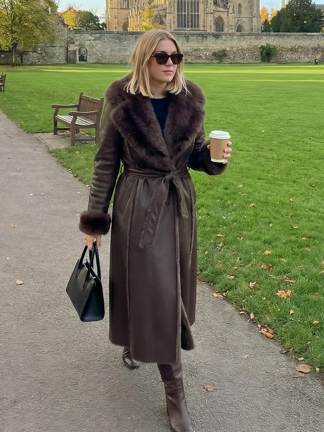 Women's Winter Fashion Fake Fur Coat, Long Sleeve Loose Fit Medium-Length Jacket, Vintage Style Artificial Leather Outerwear