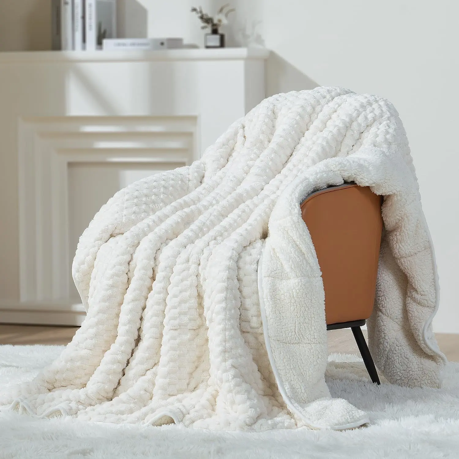 Weighted Blankets for Adults, Queen Size 60 x 80 Inches, 15lbs | Machine Washable; Soft Warm Sherpa Fleece; Jacquard Flannel with Glass Beads; Heavy Throw for Sleep and Calm; Cream White