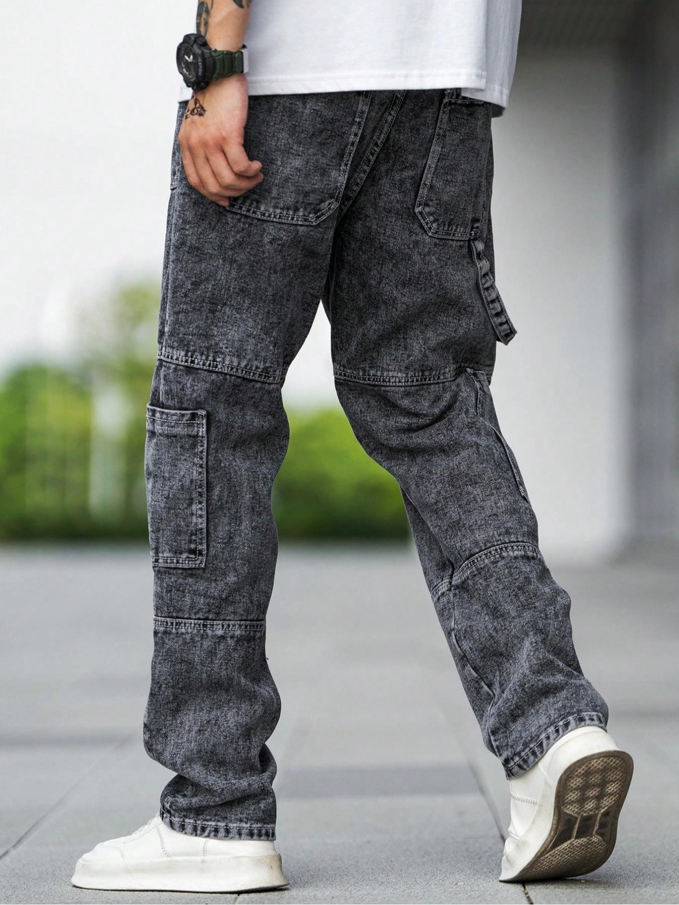 Men's Casual Loose Fit Multi-Pocket Workwear Straight Leg Denim Jeans, Deep Patchwork Street Style Long Pants, All Season Wear