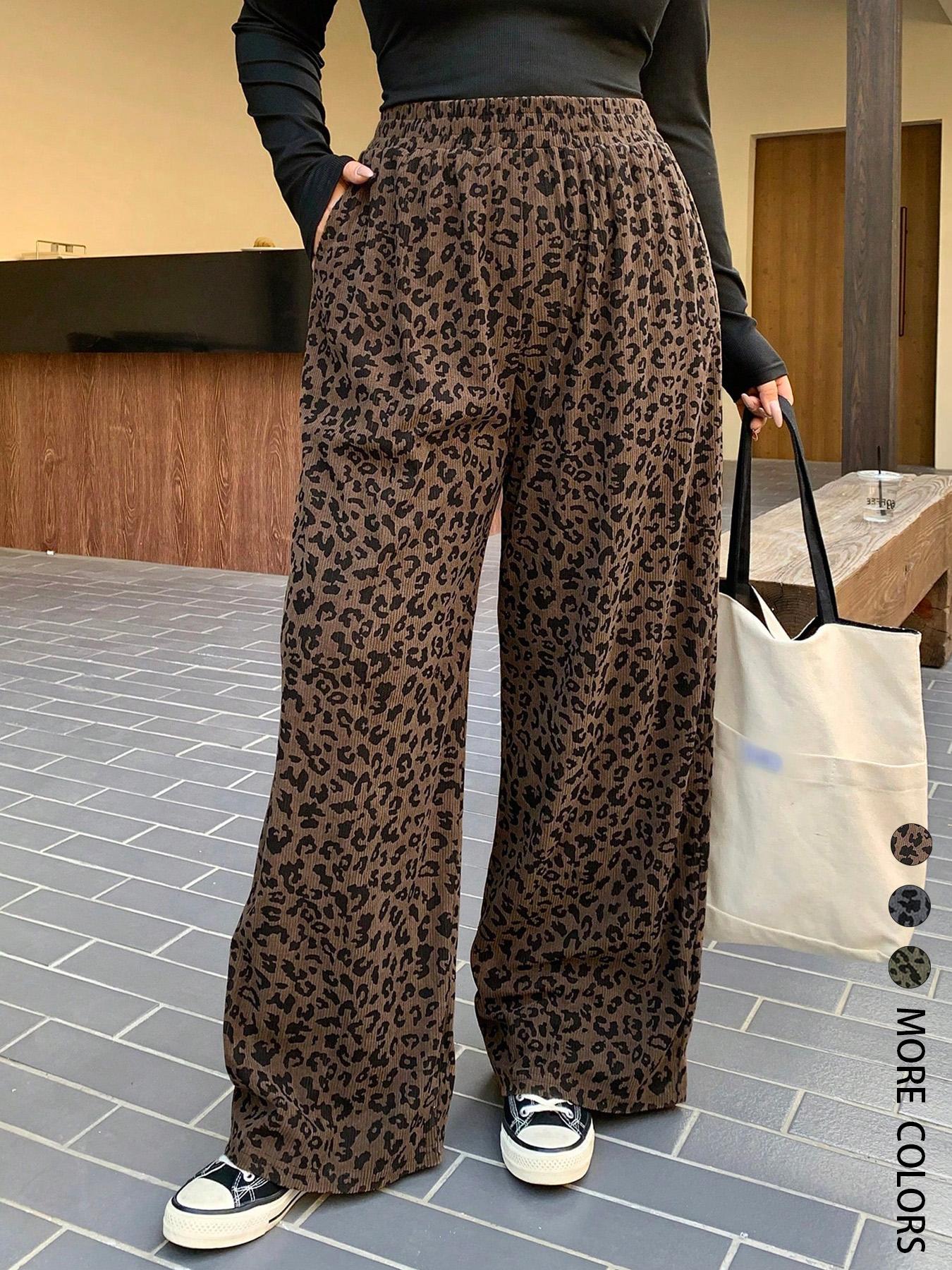 Women's Casual Elastic Waisted Leopard Print Corduroy Loose Fit Pants Bottom, Womenswear, Comfortable and Stylish, Perfect for Daily Wear, Everyday, All Season, Back To School Clothes Fall, Trouser, Casual Fashion Bottoms