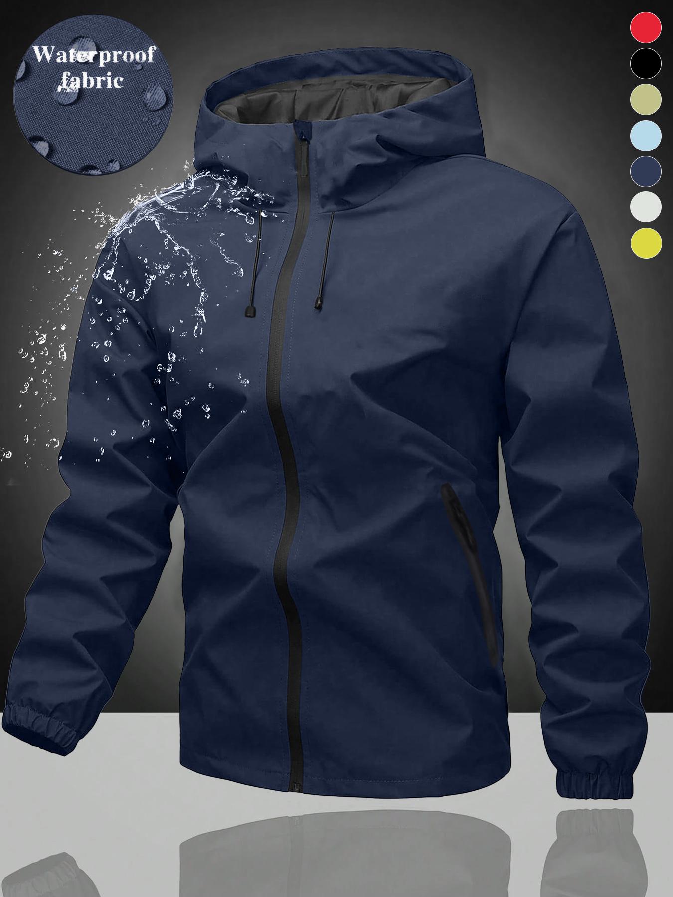 Unisex Plain Waterproof Windproof Drawstring Zip Up Hooded Jacket, Casual Long Sleeve Zipper Pocket Design Outerwear for Outdoor Activities, Men's Clothes for All Seasons, Menswear, Coats