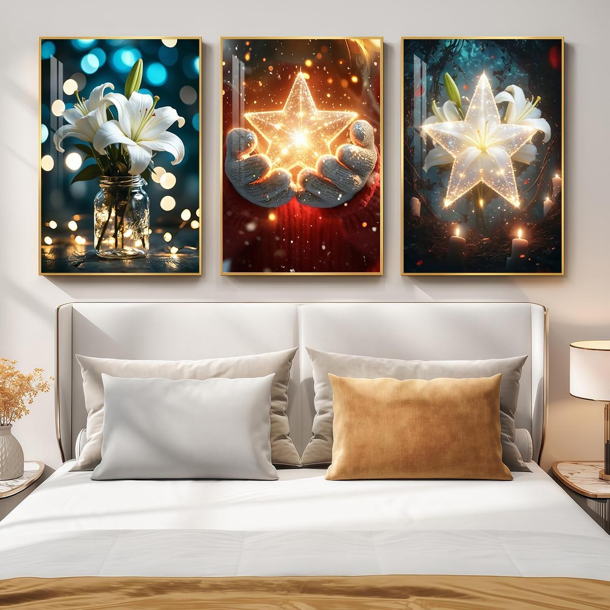 3 Counts Aluminum Alloy Framed Painting, White Lily And Glowing Star Art Pictures, Home Decoration For Living Room, Bedroom, Office, Restaurant, Hallway Wall Decor, Odorless Print Artwork, Luxury Perfect Gift For Friends And Family