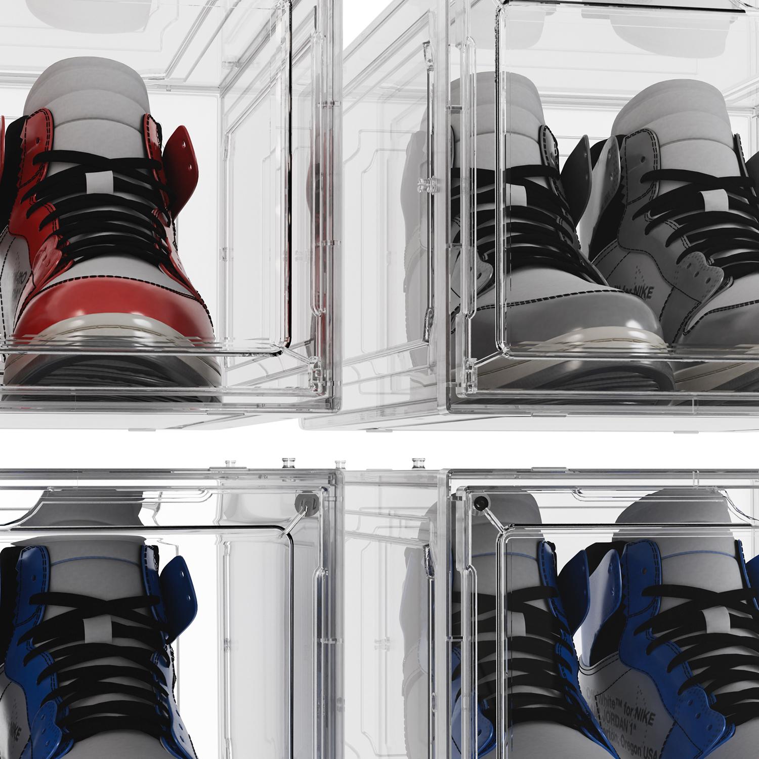 6 Pack Clear Magnetic Stackable Shoe Organizer With Magnetic suction door,   Space Saving Storage Organizer For Entryway, Bedroom, Home, Dorm, Etc