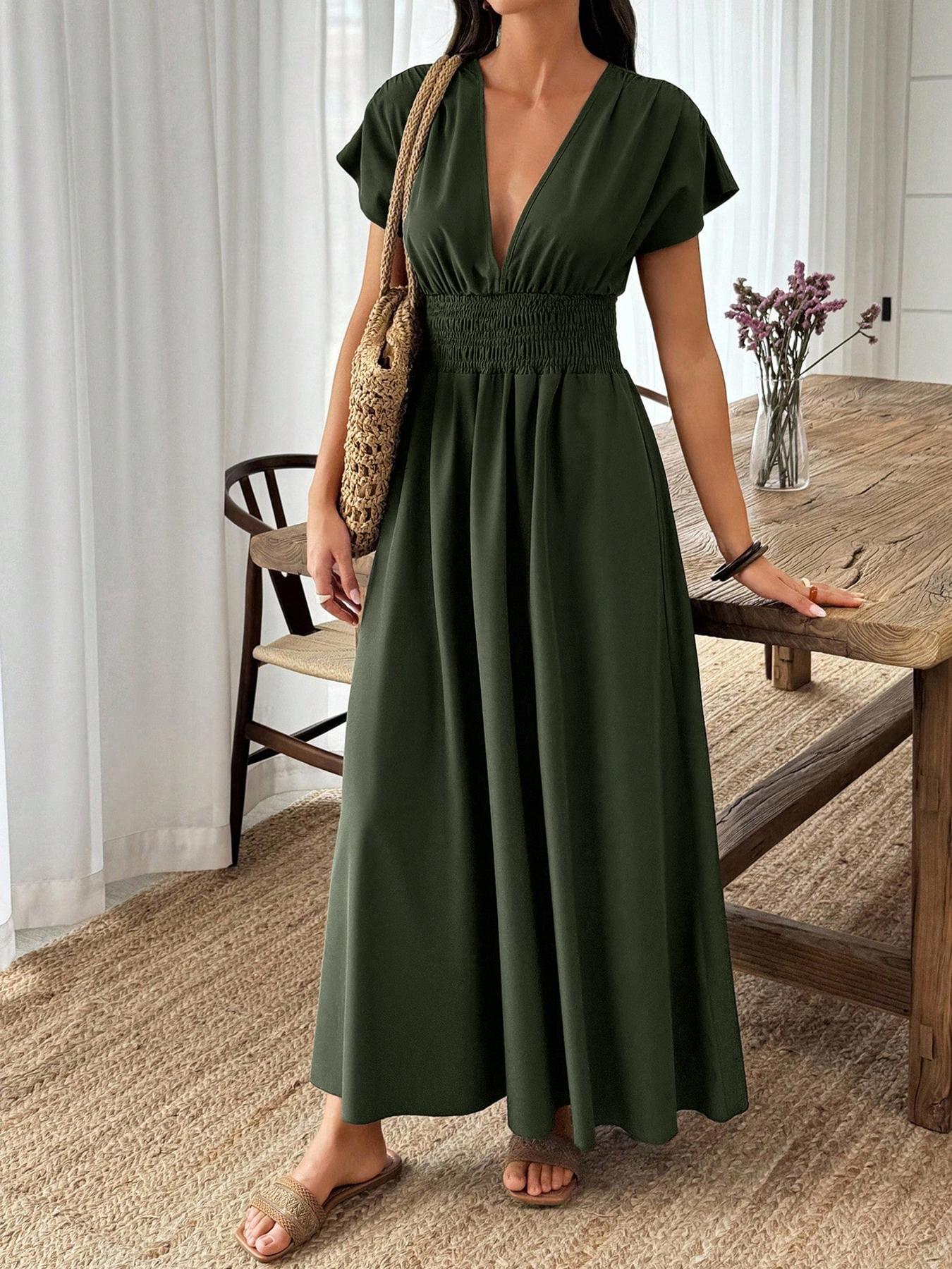 1 Piece Women's Summer Army Green V Neck Split Maxi Dress, Flowy High Waist Vacation Party Outfit