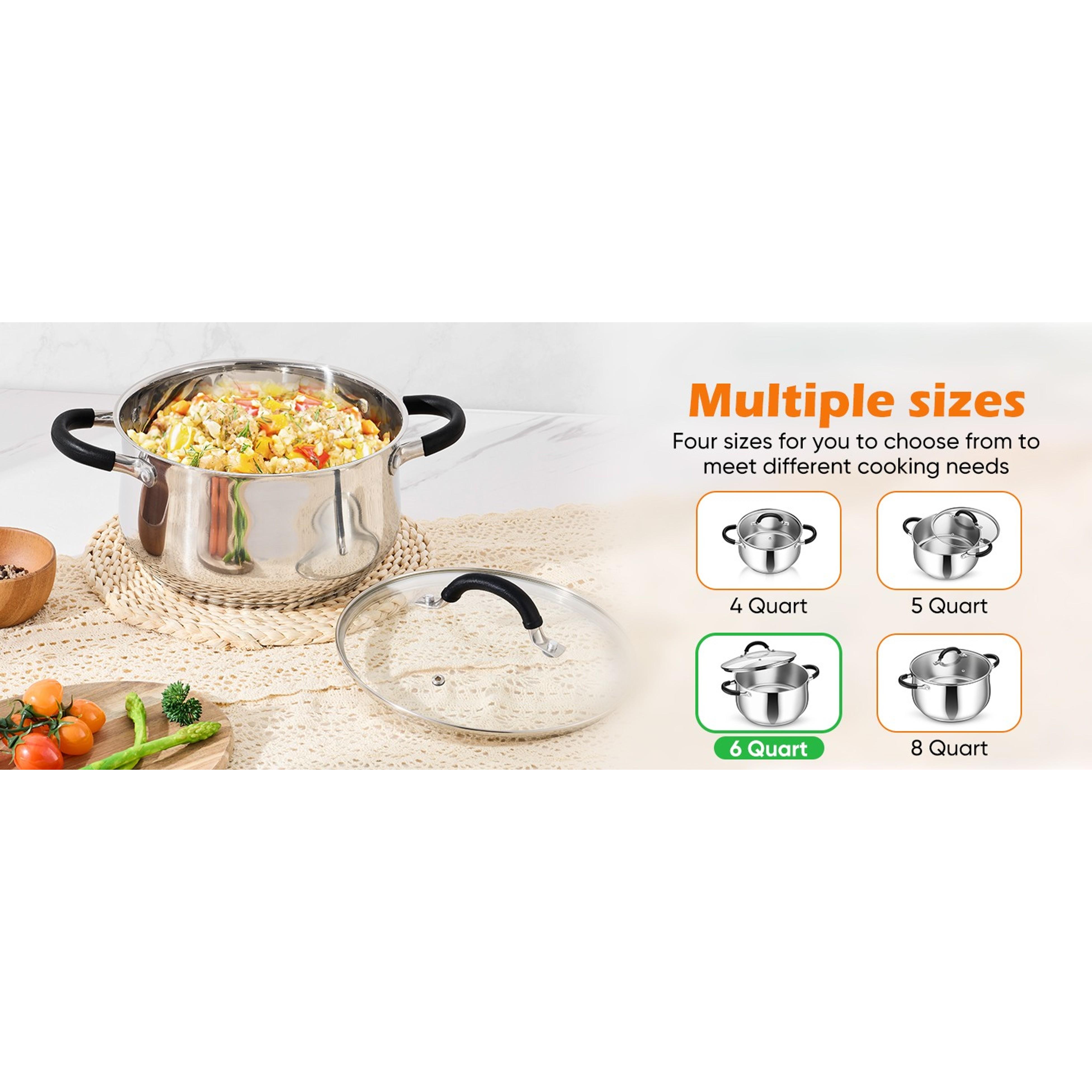 6 Qt Stainless Steel Stock Pot, Tri-Ply Bottom Soup Cooking Pot with Visible Lid, Dual Heatproof Handles, Fits Induction Gas All Stoves, Non-Toxic & Dishwasher Safe for Pasta Soup Stew