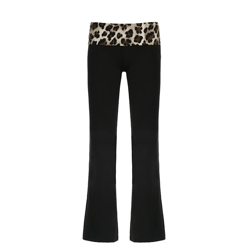 Women's Leopard Patchwork Print Flare Leg Pants, Casual Comfy Drop Waist Bell Bottom Trousers for Daily Wear, Women's Fall & Winter Bottoms, Womenswear