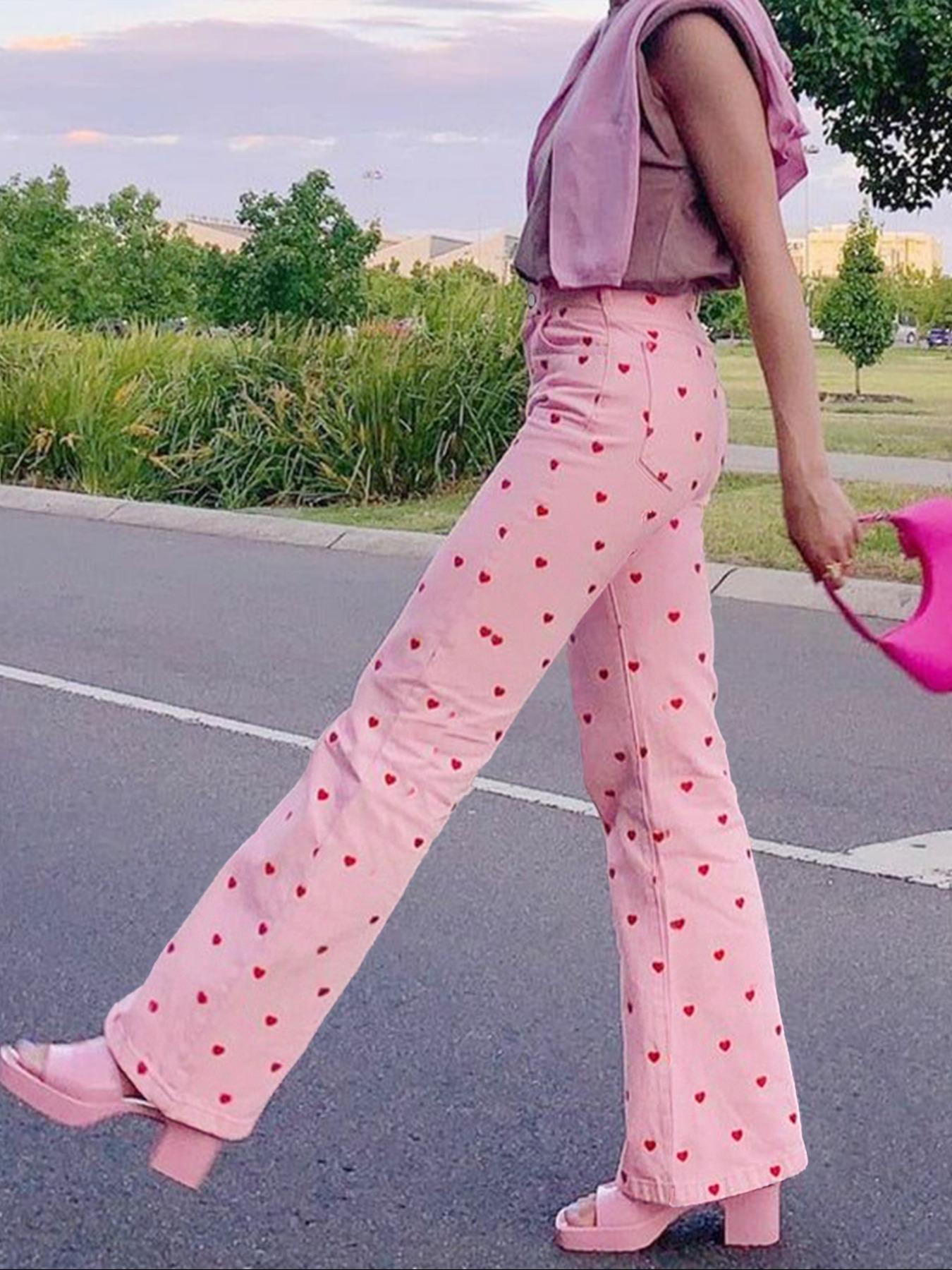 Women's Casual Loose-Fit Denim Wide Leg Pants, Boho Fashion Trousers, Heart Print Washed Jeans, All Season Comfortable for Dating & Daily Wear