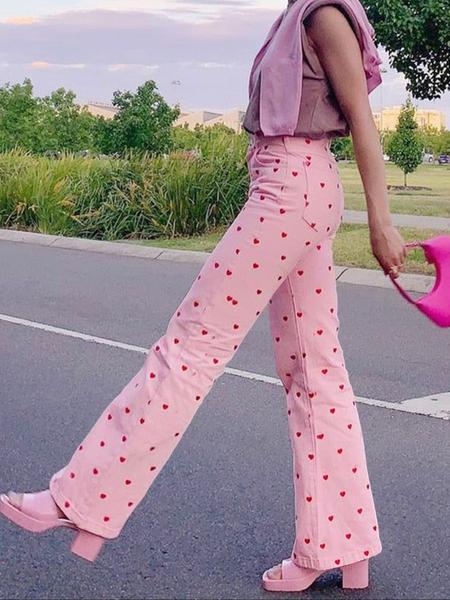 Women's Casual Loose-Fit Denim Wide Leg Pants, Boho Fashion Trousers, Heart Print Washed Jeans, All Season Comfortable for Dating & Daily Wear