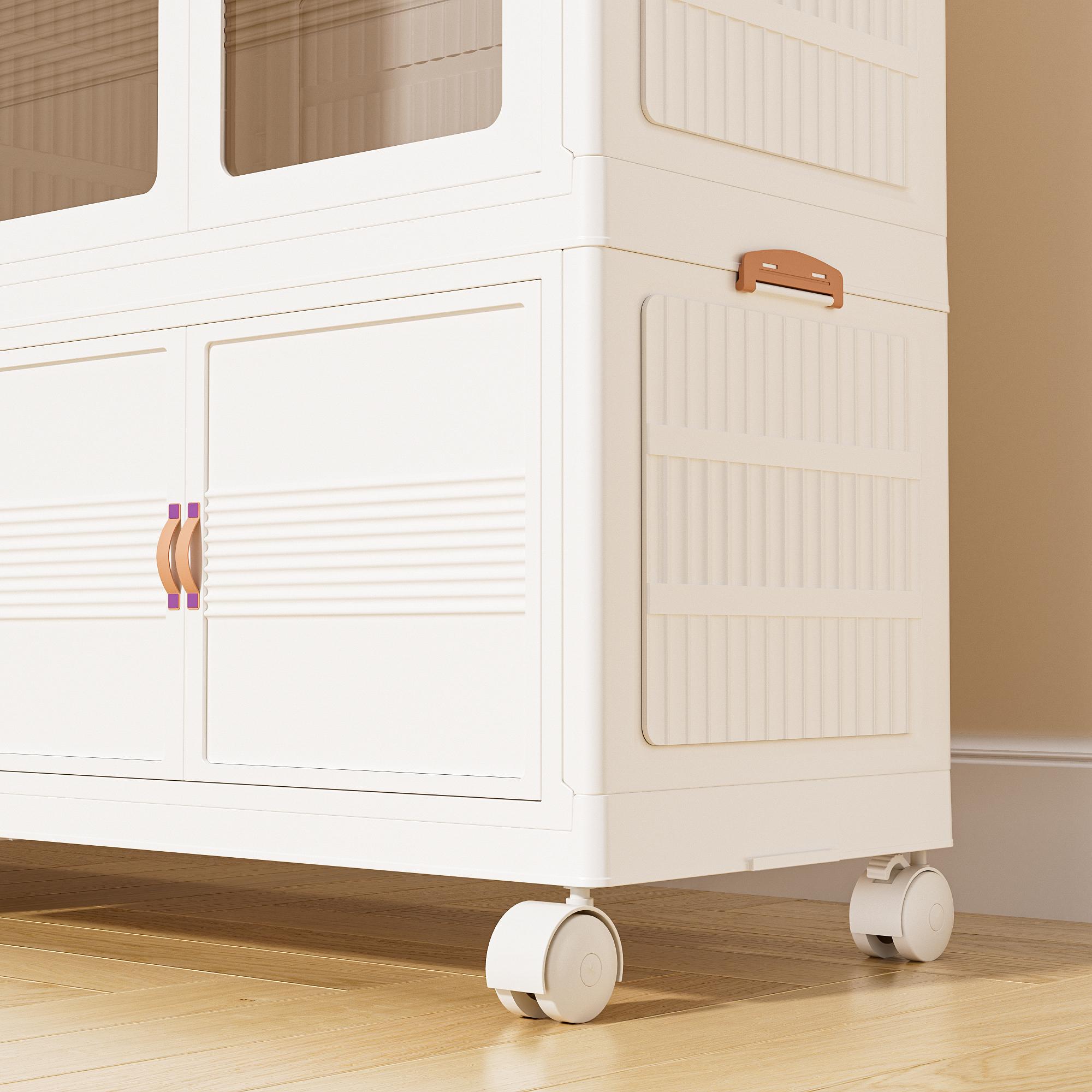 Stackable Storage Bins with Wheels – Folding Storage Cabinet with Magnetic Door, Aesthetic Plastic Organizer for Closet, Bedroom, Dorm & Kitchen