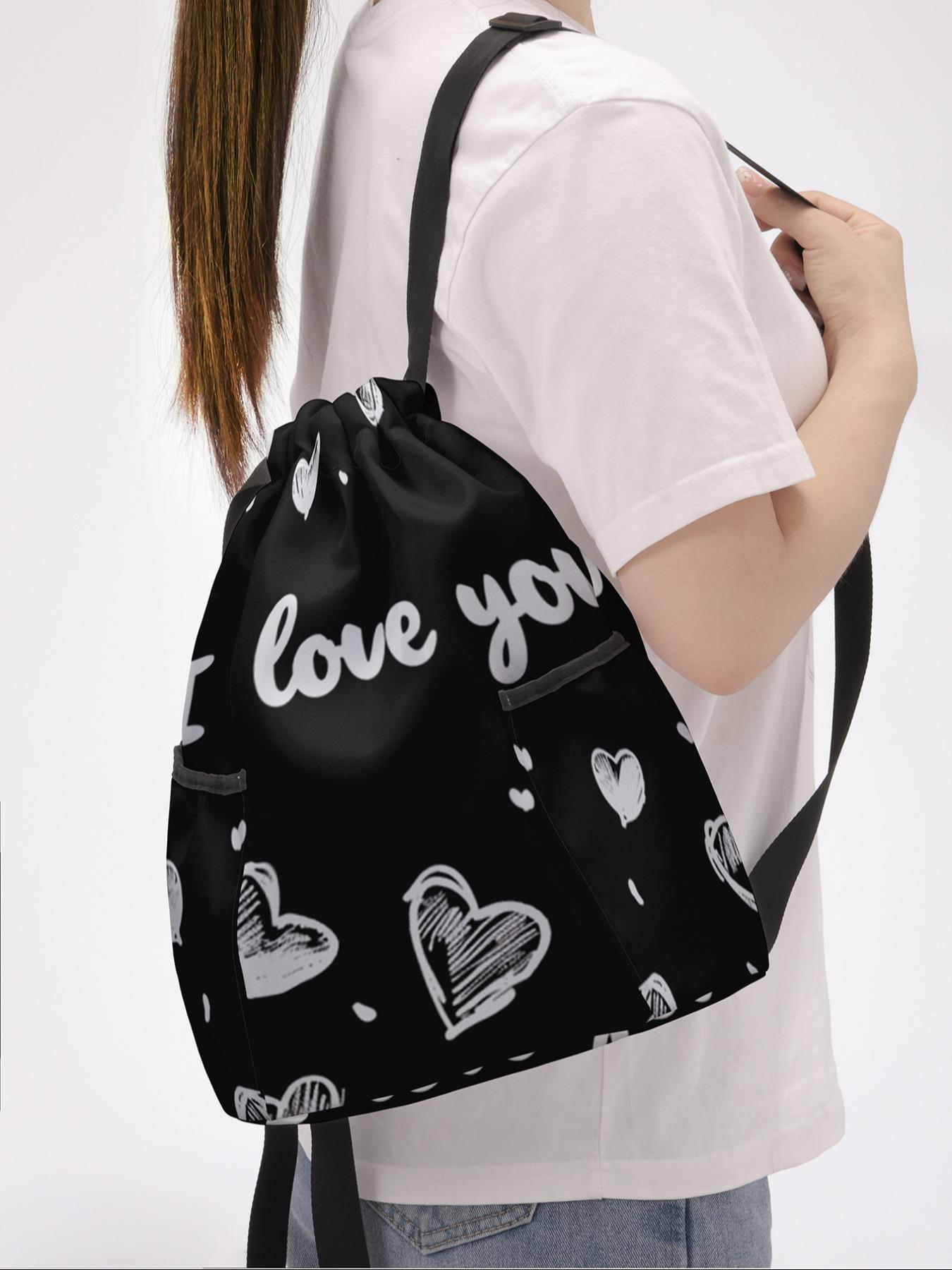 Heart Pattern Drawstring Backpack, Large Capacity Durable Gym Bag, Adjustable Shoulder Straps, Casual Travel Hiking Camping Bag, Workout Sport Bags, Sport Yoga Bag