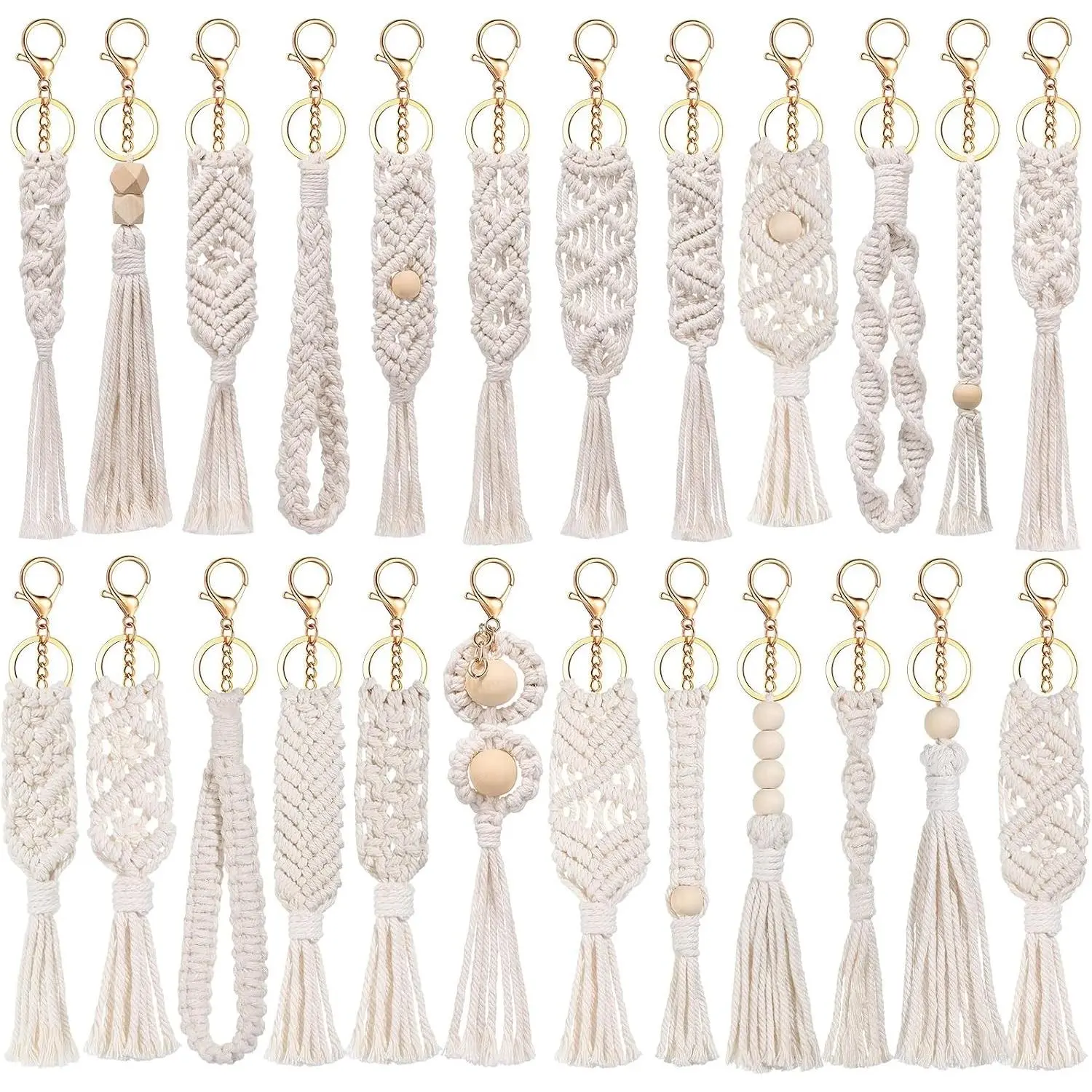 24 Pcs Boho Macrame Keychains Bulk Tassel Bag Charms Keyring Beige(Gift)